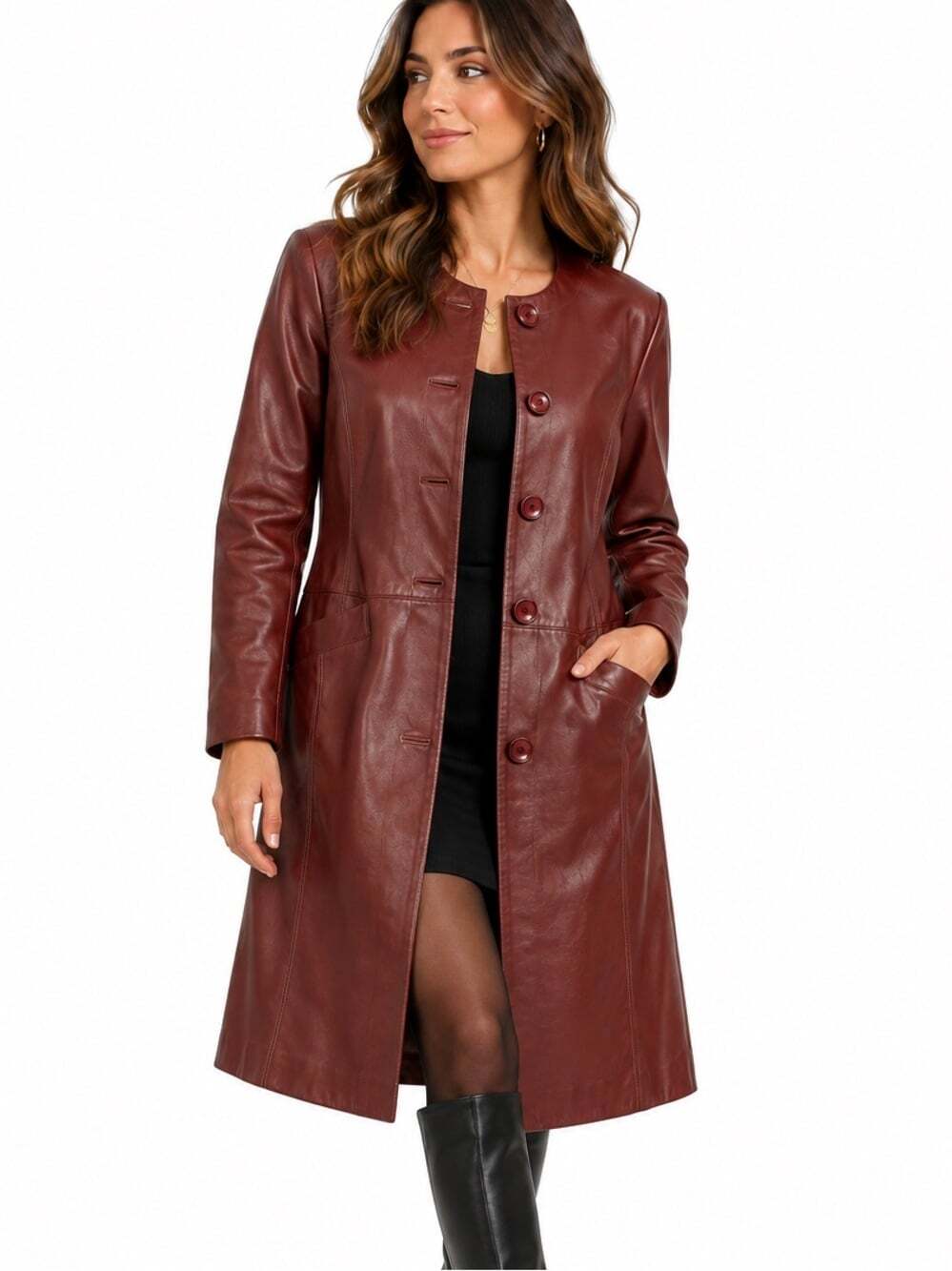 Neiman Marcus Genuine Leather Coat L Burgundy Oxblood Longline Button Front